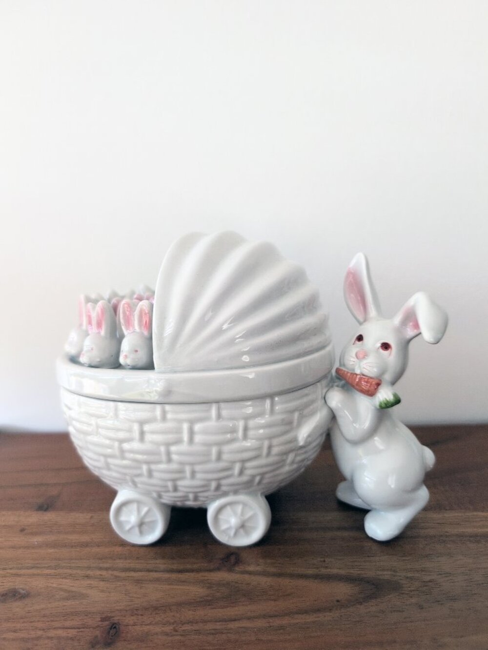 Vintage Fitz and Floyd Rabbit with Stroller of Baby Bunnies Covered Candy Dish